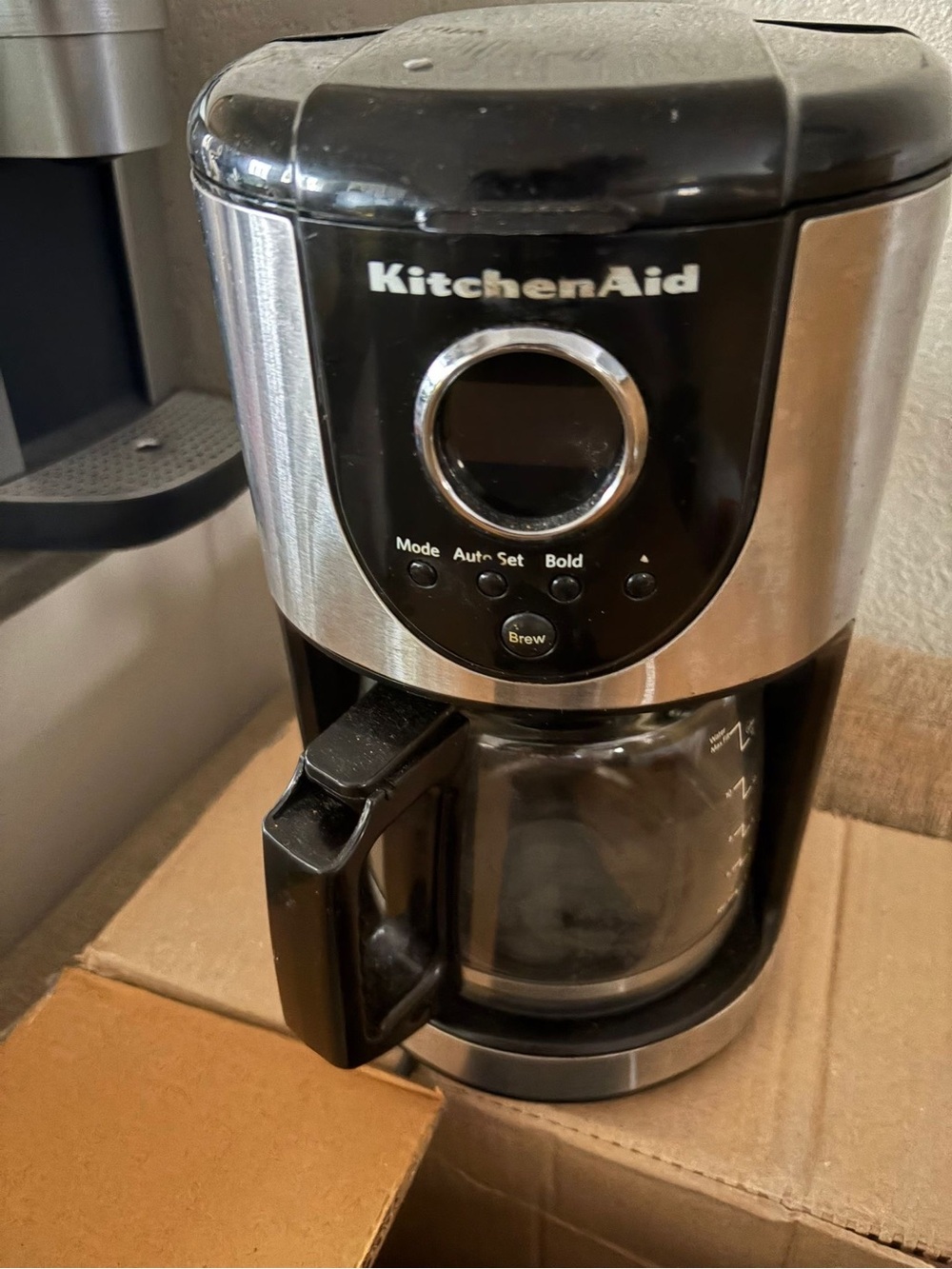 KitchenAid Black and Silver Coffee Maker with Glass Carafe